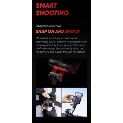 'Smart Shooting' zeigt ein Kamerabefestigungssystem mit magnetischer Befestigung. Zwei Hände montieren eine Kamera für einfaches Zubehörwechseln.