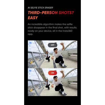 'Zwei Fotos von einem skatebordenden Mann auf einer Brücke. Oben: ohne Effekt, Selfiestick sichtbar. Unten: Effekt aktiviert, Selfiestick unsichtbar.'