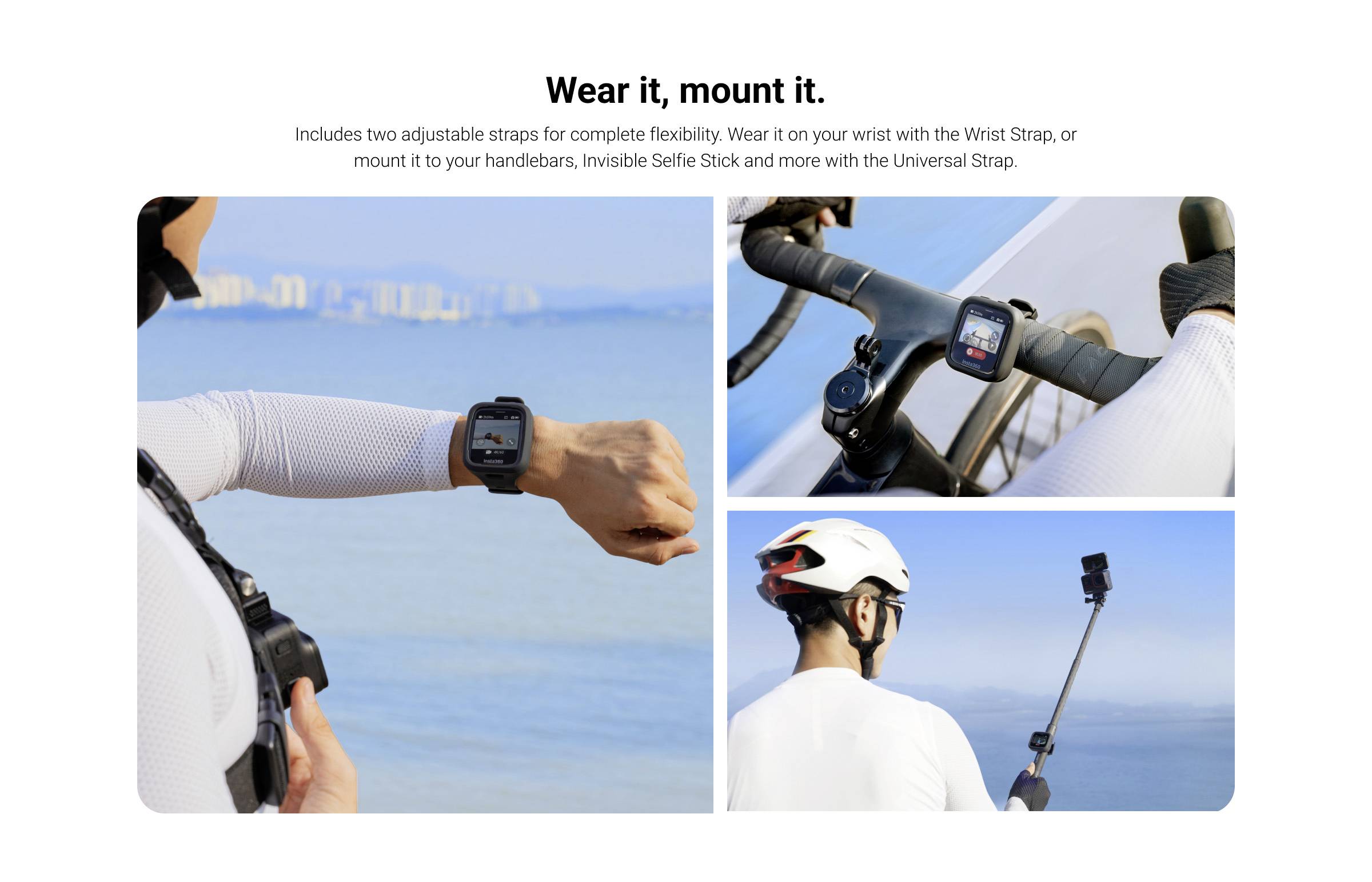 'Uhr und Kamera montiert an Fahrradlenker und Handgelenk, Radfahrer mit Kamera auf Selfie-Stick am Strand, Text: "Wear it, mount it."'