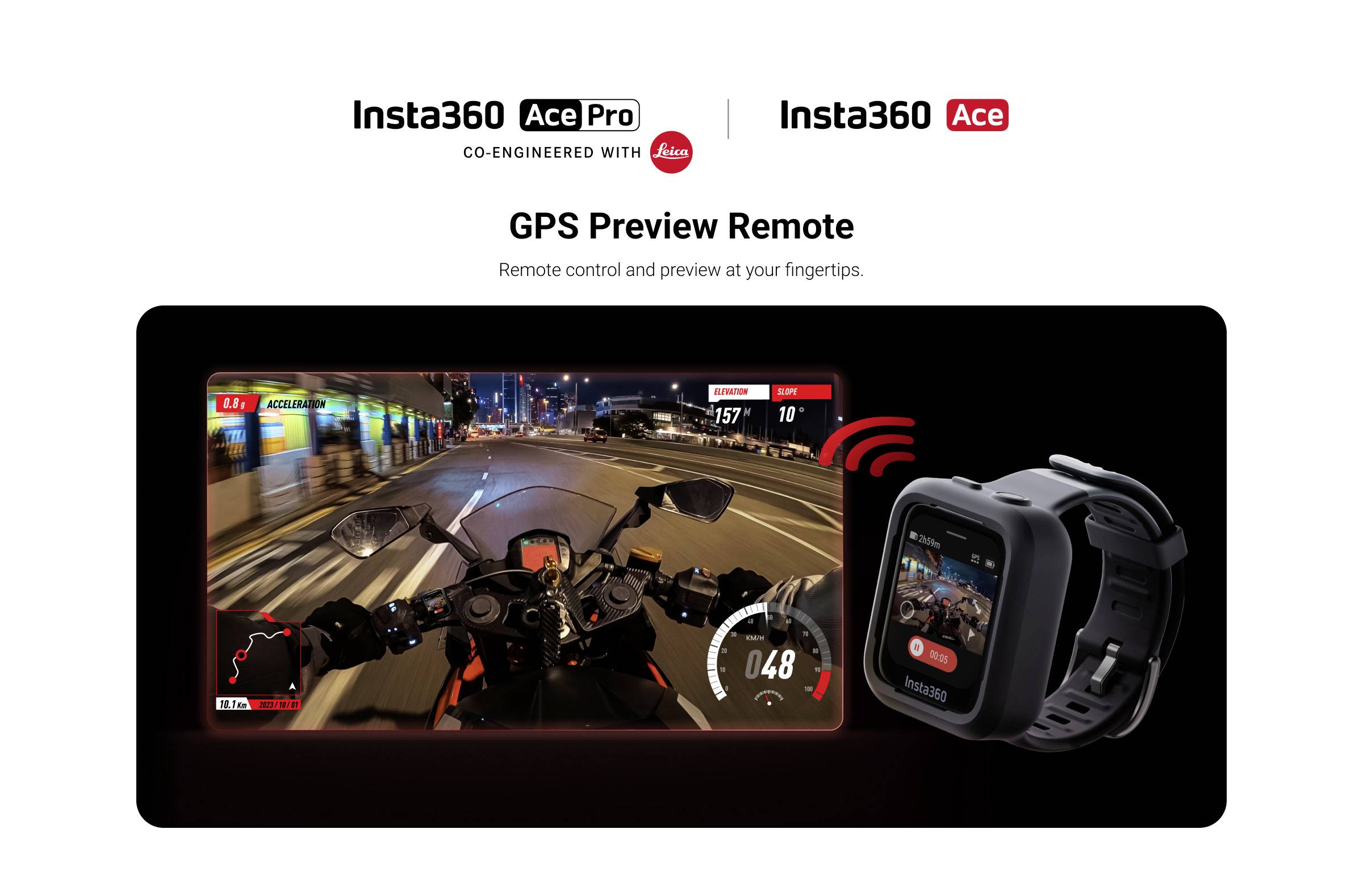 'Insta360 Ace Pro GPS Preview Remote' ist ein Gerät zur Fernsteuerung von Kameras. Es zeigt eine Motorradfahrt aus der Perspektive des Fahrers.