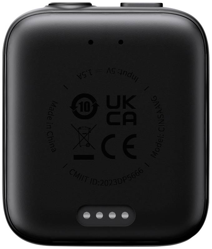 Schwarzes rechteckiges Gerät, Rückseite, mit Aufdrucken: 'Made in China', 'Model: CINSANG', CE- und UKCA-Zeichen sowie Ladeanschluss.