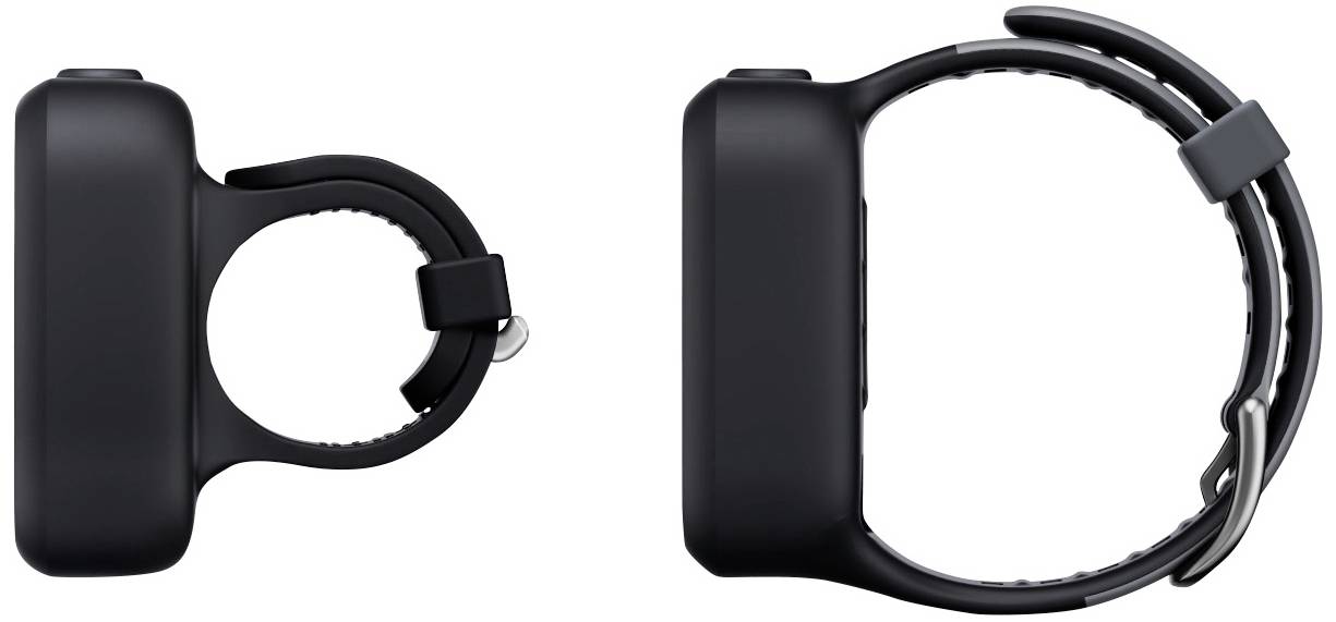 Zwei schwarze Schutzgehäuse mit Öffnungen und Riemen, die von der Seite und von oben zu sehen sind, vermutlich für elektronische Geräte.