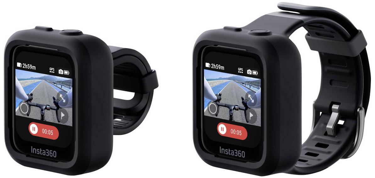 Action-Kamera in schwarzem Gehäuse mit Armband. Der Bildschirm zeigt eine Fahrradfahrt auf einem Weg. Links ohne, rechts mit Armband.