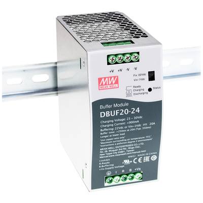 Puffer-Modul DBUF20-24 von MEAN WELL, montiert auf einer Metallschiene. Anzeige für Ladung, Entladung und Status.