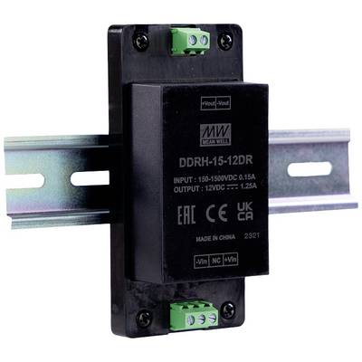 Ein schwarzes Mean Well Netzteil, Modellnummer DDRH-15-12DR, montiert auf einer DIN-Schiene, geeignet für industrielle Anwendungen.