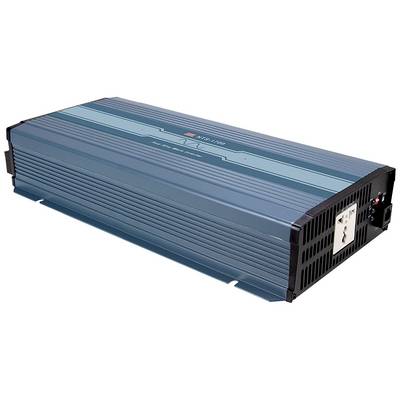 Ein blauer Spannungswandler mit Lüftungsschlitzen und Anschlussbuchsen. Geeignet für die Umwandlung von DC zu AC Strom.
