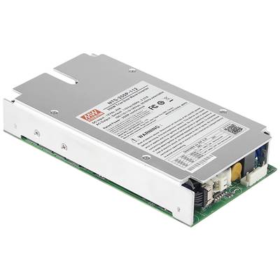 Metallisches Schaltnetzteil mit technischem Datenetikett, das auf einem weißen Hintergrund liegt.