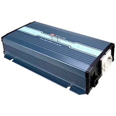 Ein blauer Wechselrichter mit der Aufschrift 'Pure Sine Wave Inverter NTS-750', zum Konvertieren von Gleichstrom in Wechselstrom.