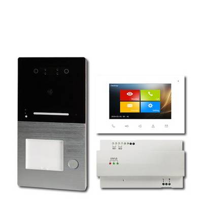 Türkommunikationssystem mit Kamera, Touchscreen-Display und Steuerungseinheit. Zeigt Funktionen in verschiedene Farben auf dem Bildschirm.