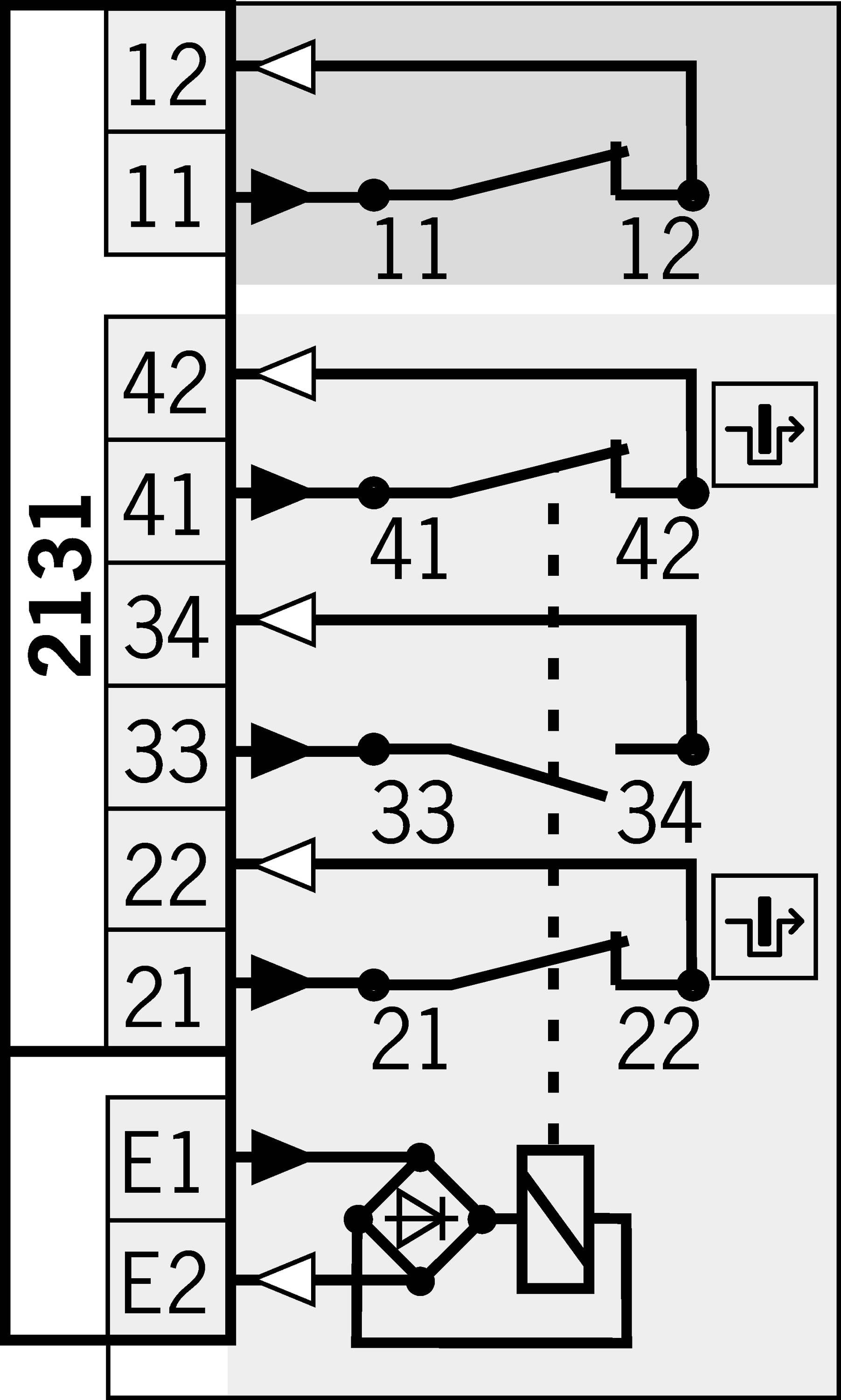 'Schaltplan eines Relais mit Nummer 2131. Zeigt verschiedene Schaltkreise und Verbindungen mit Beschriftungen von 11 bis 42.'
