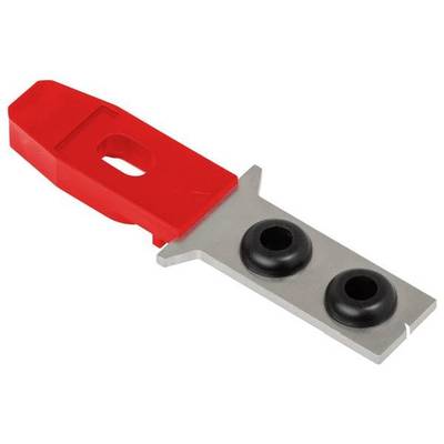 Ein rot-silbernes Metallteil mit zwei schwarzen Gummieinsätzen, möglicherweise ein Ersatzteil oder Werkzeug, liegt auf hellem Hintergrund.