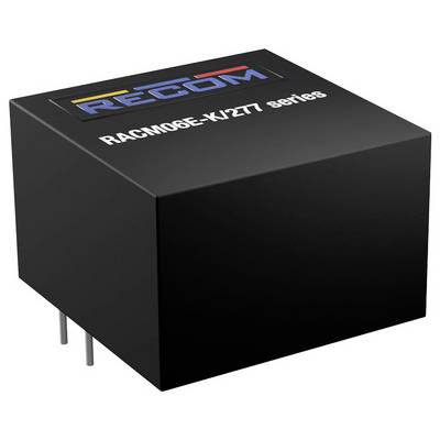 Ein schwarzes elektronisches Bauteil mit der Aufschrift 'RECOM RACM06E-K/277 series', das drei Stifte unten hat.