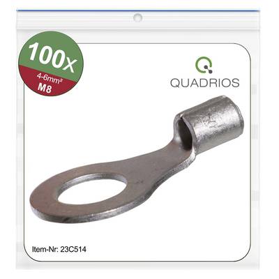 Das Bild zeigt eine Tüte mit 100 Kabelschuhen in Ringform, geeignet für Kabel von 4-6 mm², M8, von der Marke Quadrios. Artikel-Nr. 23C514.