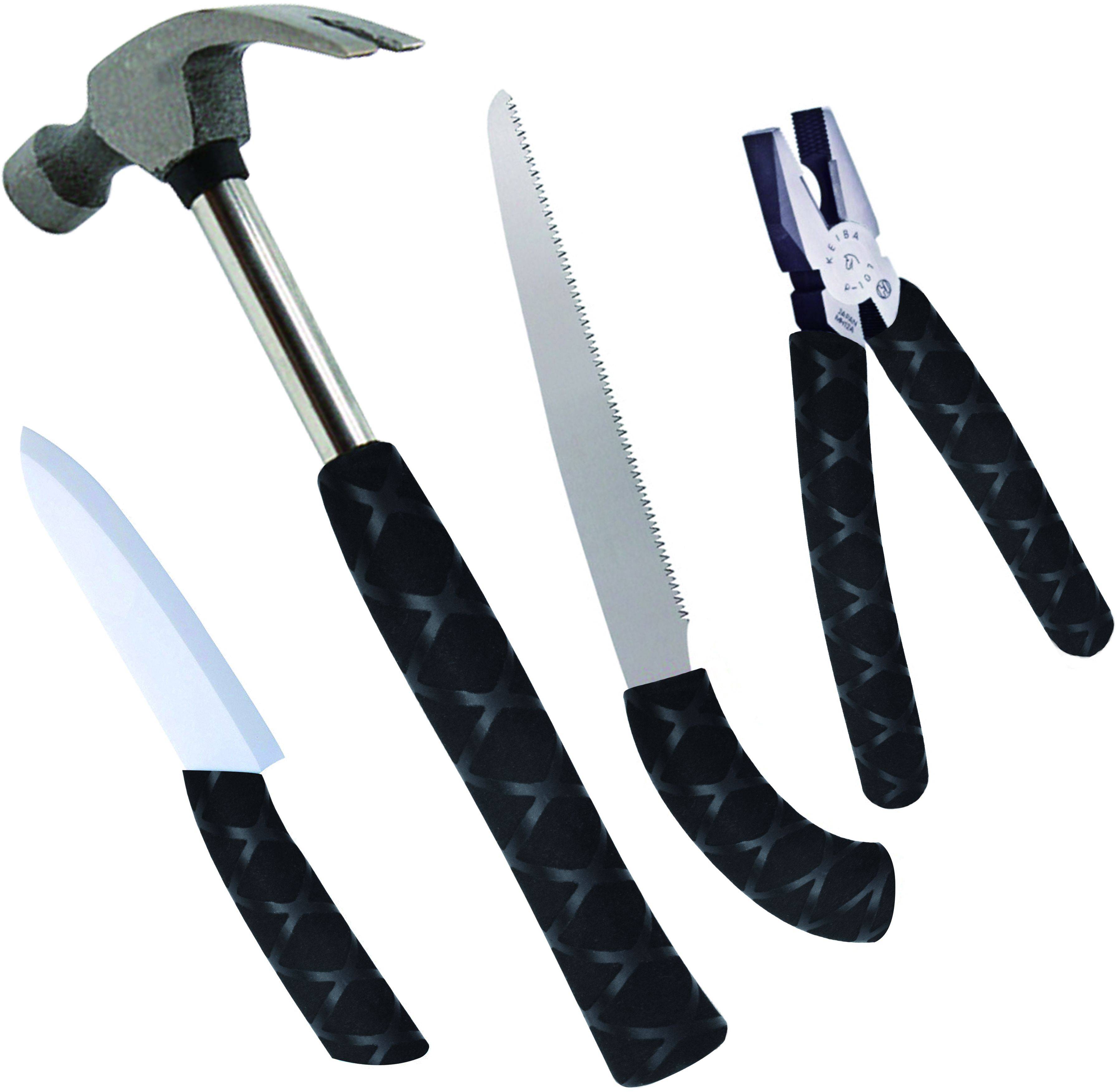 Vier Werkzeuge mit schwarzen Griffen: ein Hammer, ein Messer, eine Säge und eine Zange. Sie scheinen für handwerkliche Arbeiten gedacht zu sein.