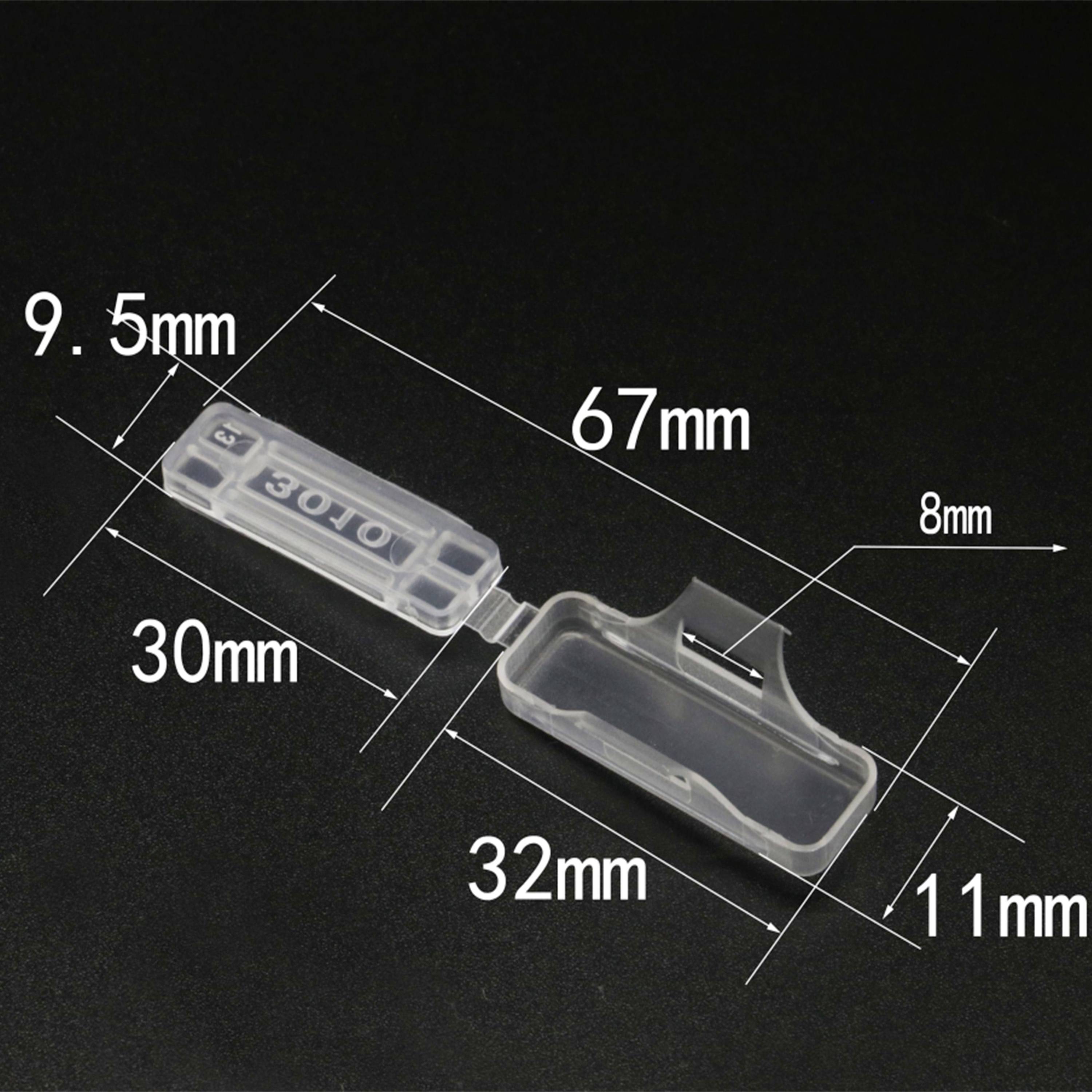 Klappbare Kunststoffbox mit den Maßen 9,5 mm x 67 mm x 30 mm, hat ein inneres Fach von 8 mm Breite und 11 mm Höhe.