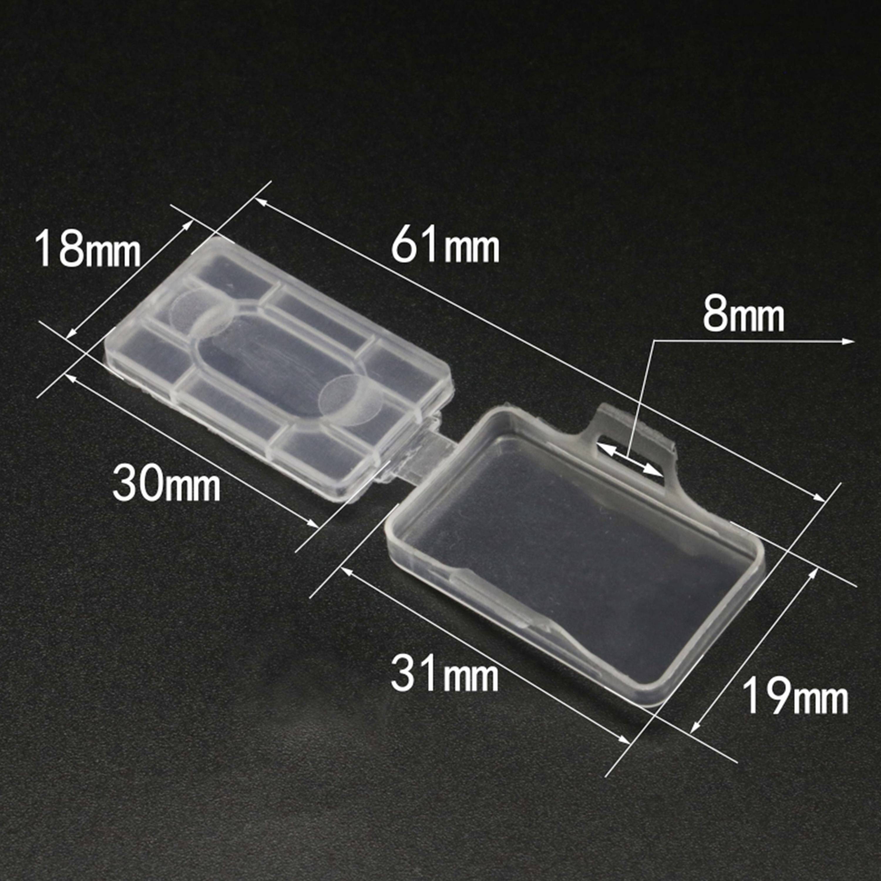 Offenes transparentes Plastikgehäuse mit abgebildeten Maßen: 18 x 30 mm (Deckel), 61 mm Länge, 31 x 19 mm (Boden), 8 mm Tiefe.