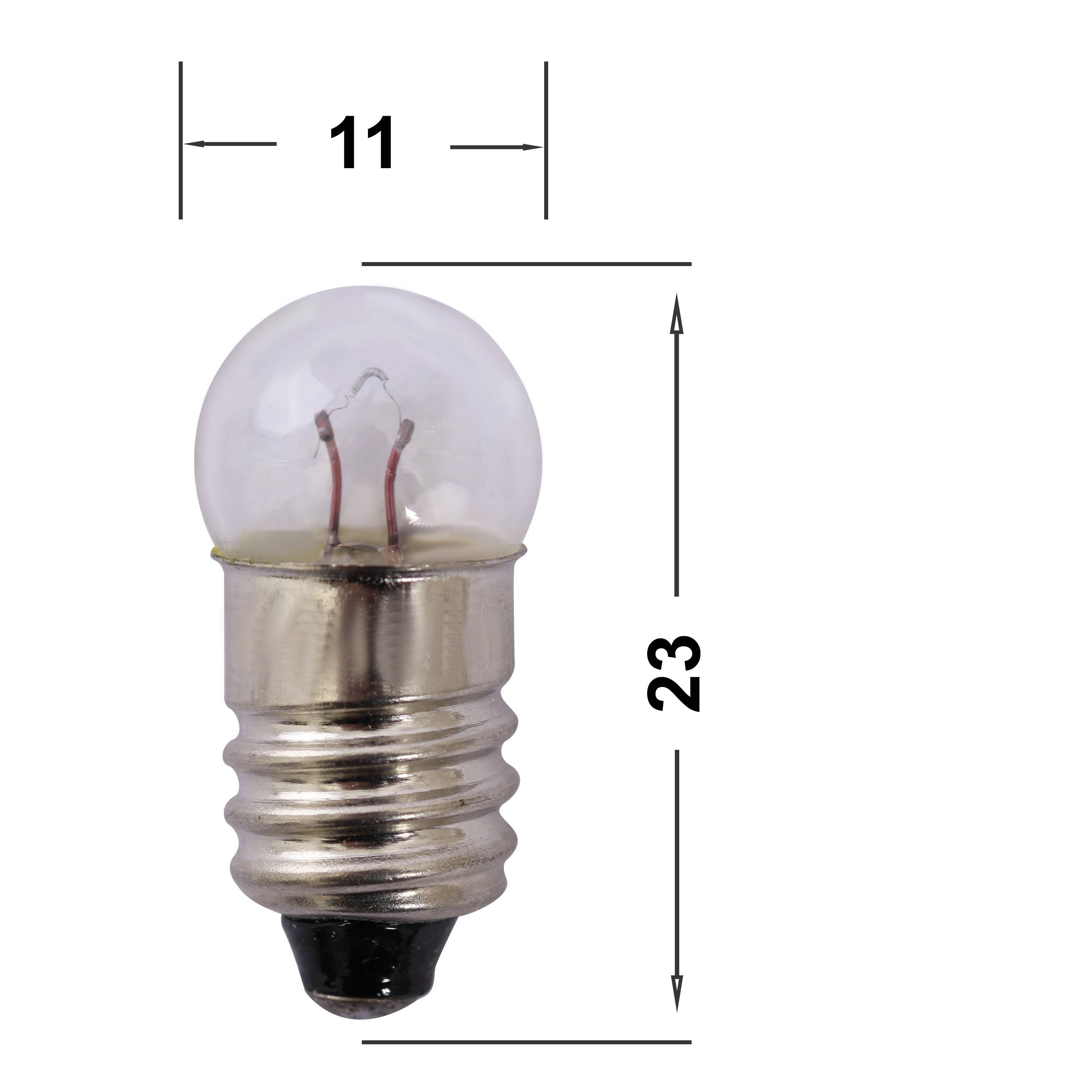 Glühlampe, Abmessungen: Höhe 23 mm, Durchmesser 11 mm.