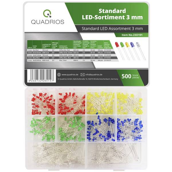 Quadrios 23O191 LED-Sortiment Rot, Grün, Gelb, Blau, Weiß 3 mm 8000 mcd 20 mA 2 V, 3 V