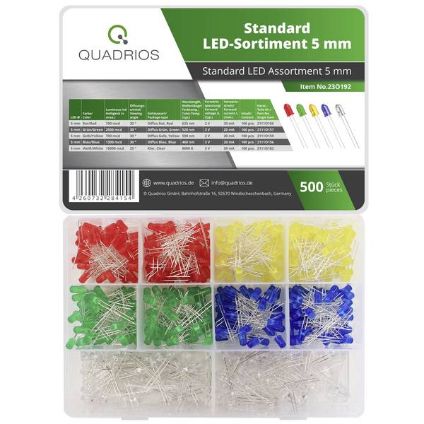 Quadrios 23O192 LED-Sortiment Rot, Grün, Gelb, Blau, Weiß 5 mm 15000 mcd 20 mA 2 V, 3 V