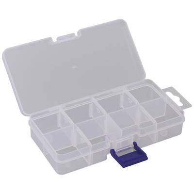 Durchsichtige, offene Kunststoffbox mit neun Fächern und blauem Verschlussclip. Ideal zur Aufbewahrung kleiner Gegenstände.