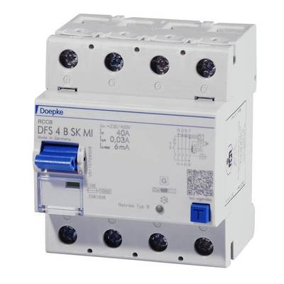 Ein weißer Fehlerstrom-Schutzschalter (RCCB) von Doepke mit der Aufschrift 'DFS 4 B SK MI', geeignet für 40A und 30mA.