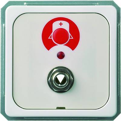 'Notrufknopf für Pflegepersonal', mit Symbol einer Krankenschwester in Rot, darunter ein rotes Licht und ein runder Knopf.