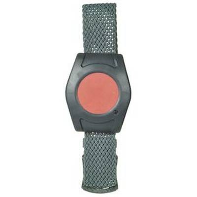 Eine Armbanduhr mit einem grauen, strukturierten Armband und einem großen, runden, roten Zifferblatt.