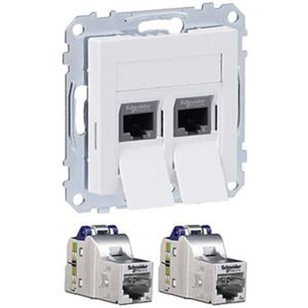 Zwei weiße Netzwerkanschlüsse in einer Steckdosenhalterung. Darunter zwei separate Steckverbinder, jeweils mit 'Schneider Electric' beschriftet.