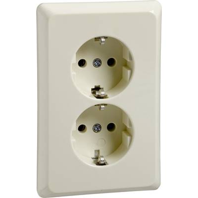 Doppelte Steckdose an einer Wand, europäischer Typ, beige Farbe. Geeignet für elektrische Geräteanschlüsse in Innenräumen.