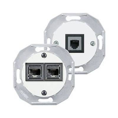 Zwei RJ45-Netzwerkanschlussdosen, eine mit einem Port und eine mit zwei Ports, montiert auf metallischen Befestigungsrahmen.