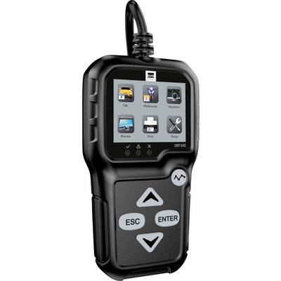 Tragbarer Fahrzeugdiagnose-Scanner mit Bildschirmsymbolen für Auto, Motorrad, Wellenform, Überprüfung, Drucken und Einrichtung, sowie ESC-, Enter- und Pfeiltasten.