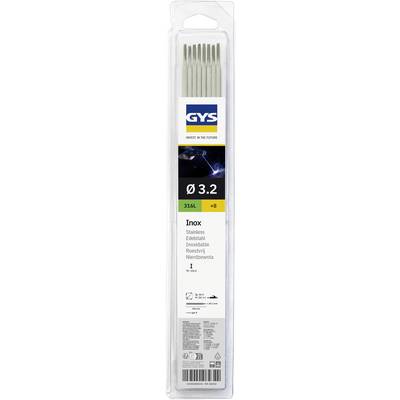 Packung mit 8 GYS-Edelstahl-Schweißelektroden, Ø 3,2 mm, 316L Inox, in durchsichtiger Kunststoffbox.