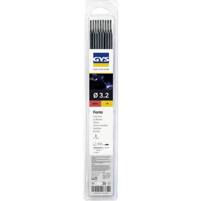 Eine Blisterpackung mit neun GYS 3,2 mm NiFe Schweißstäben, gekennzeichnet mit Fonte, mit Produktspezifikationen und Sicherheitssymbolen auf der Vorderseite.