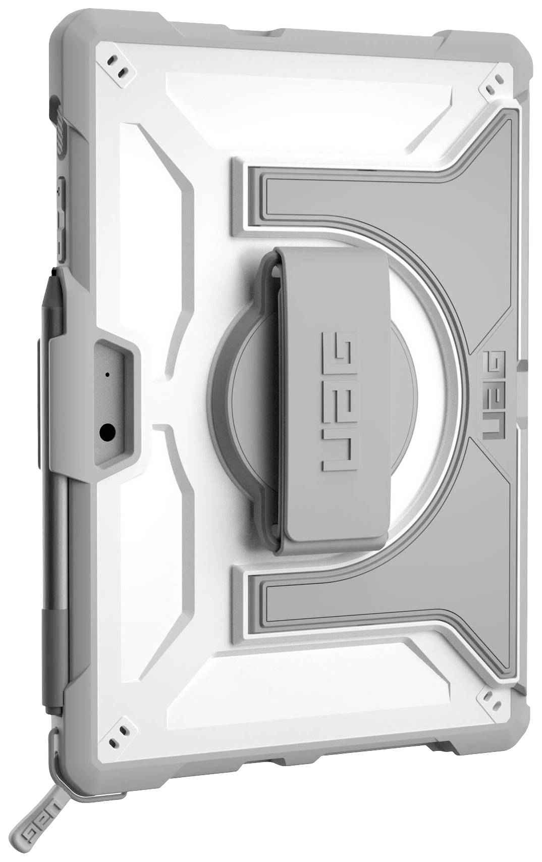 Schutzhülle für ein Tablet mit robustem Design, graue Farbe und integrierter Ständer für vertikale Nutzung.