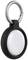 Ein runder, schwarzer Schlüsselanhänger mit einem großen, weißen Zentrum und einem silbernen Ringclip, der an beliebigen Gegenständen befestigt werden kann.