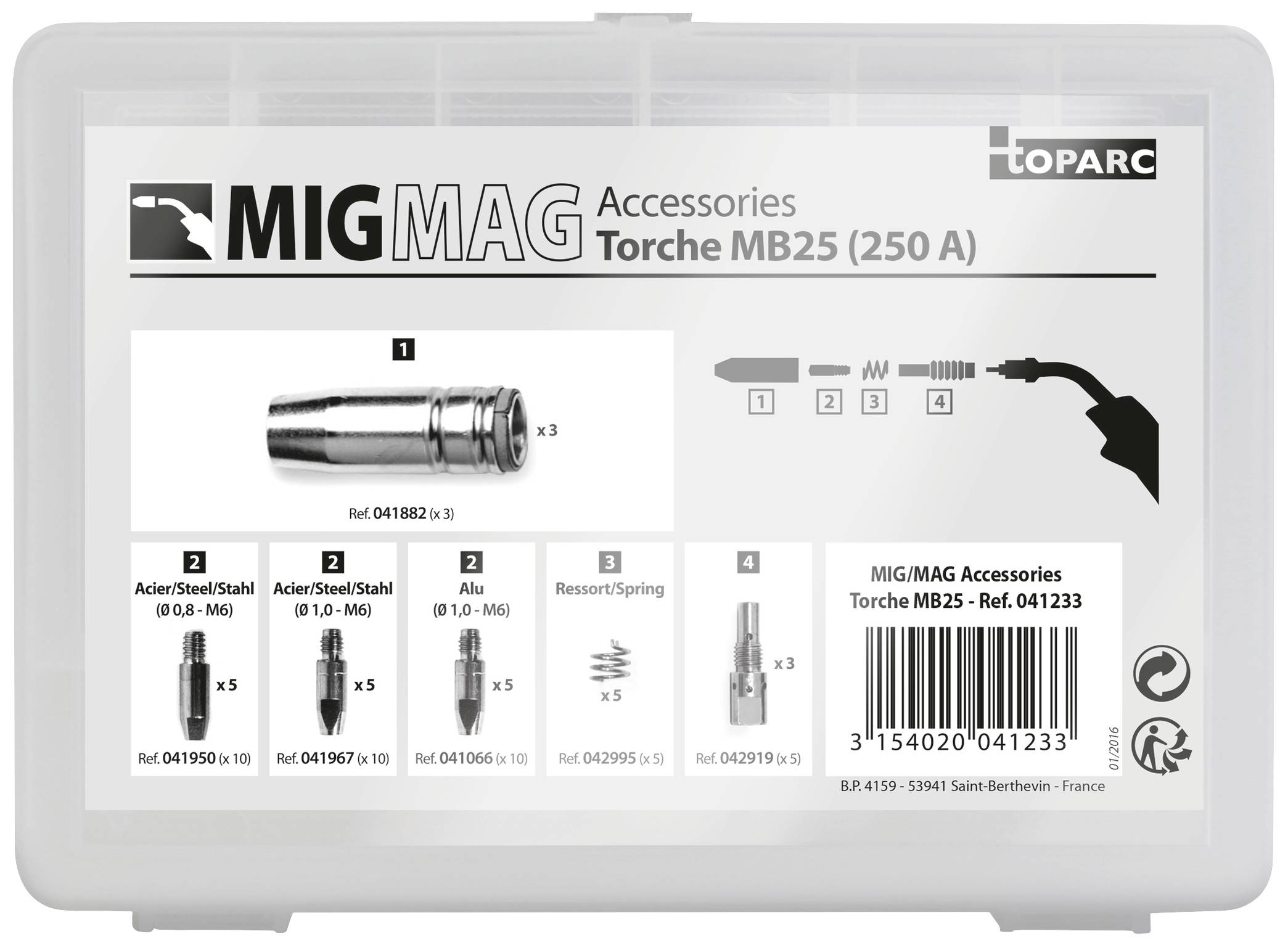 'TOPARC MIGMAG Zubehörset Torche MB25 (250A)'. Enthält Düsen, Stahl- und Aluminiumeinsätze, Federn. Artikelnummer 041233.
