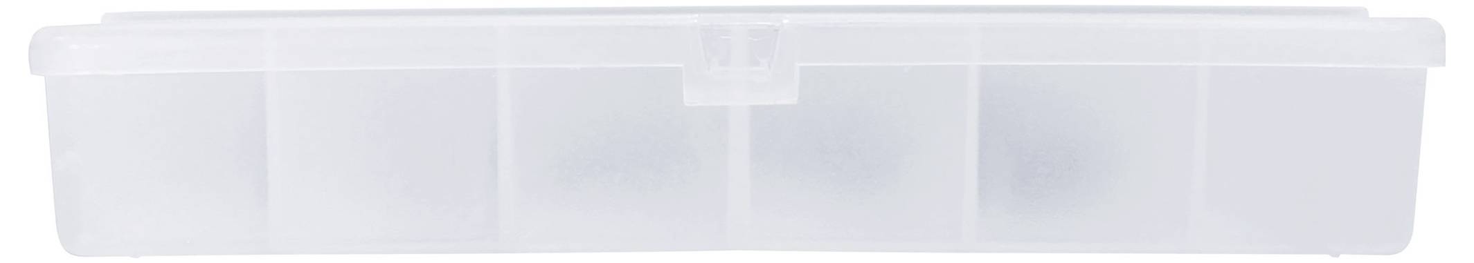 Eine durchsichtige Kunststoff-Aufbewahrungsbox mit verschliessbarem Deckel, Vorderansicht auf weissem Hintergrund.