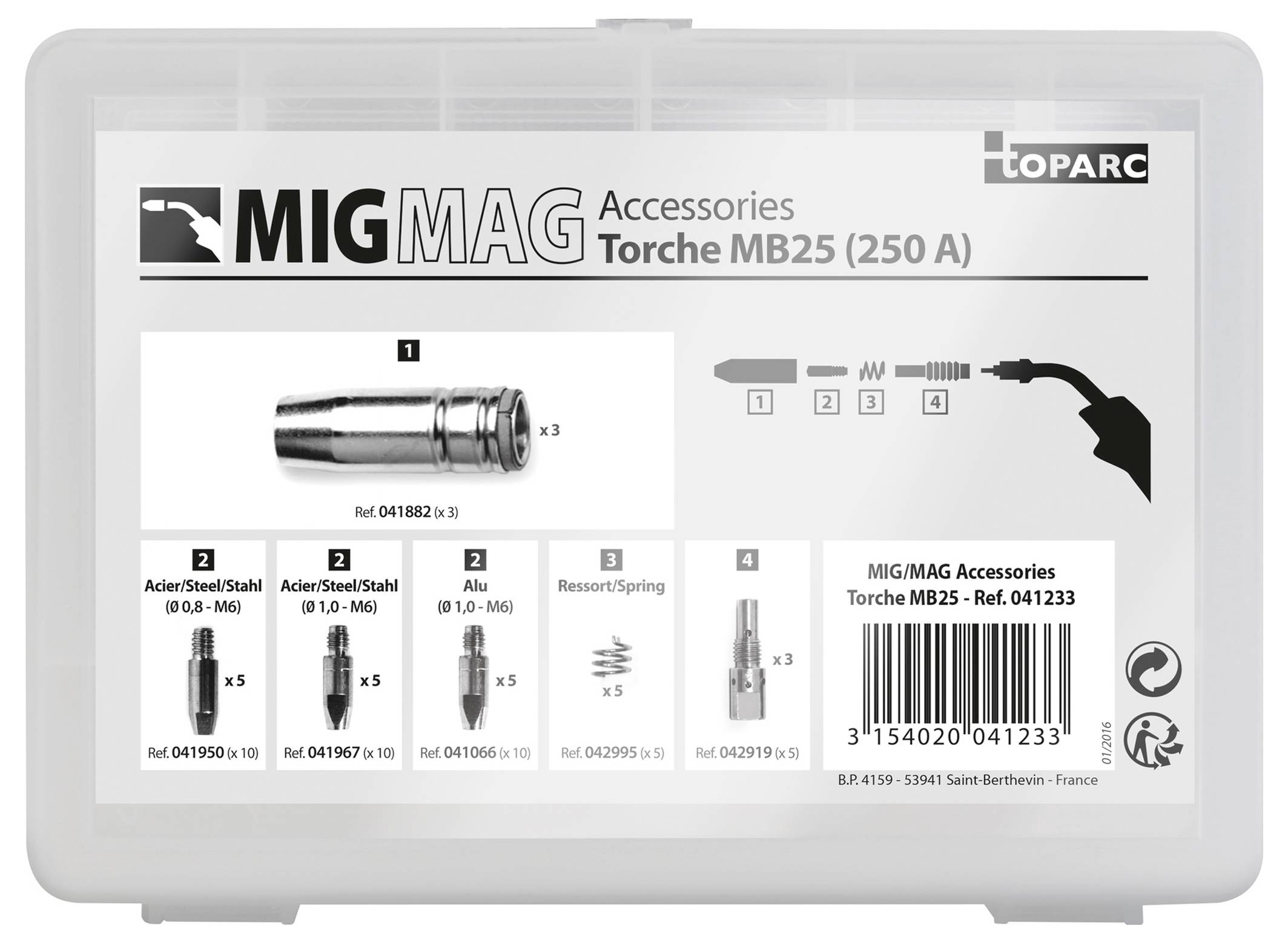 Verpackungsetikett für MIG/MAG-Brenner MB25 Zubehör mit aufgelisteten Teilen, Artikelnummern und Barcode.