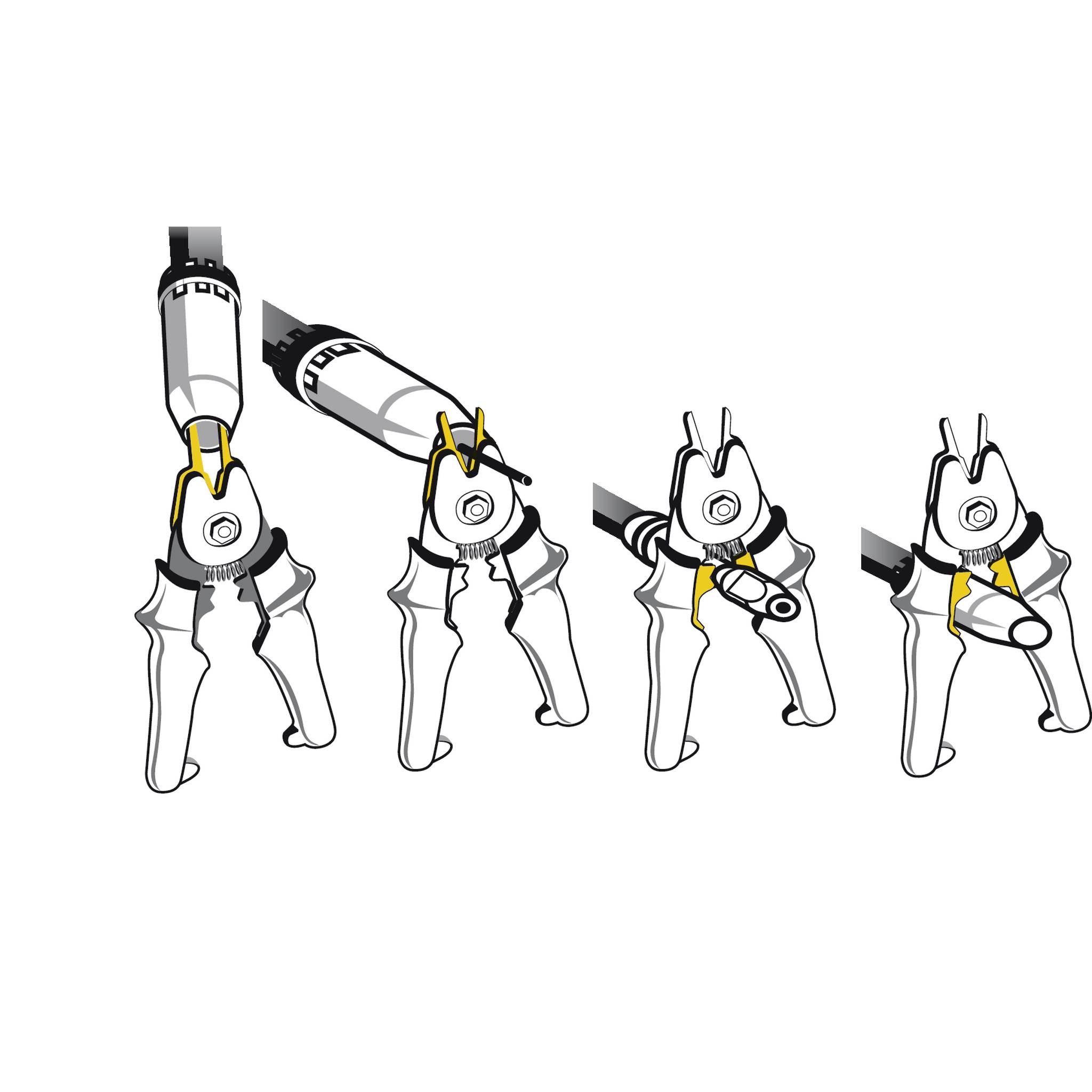 Illustration des korrekten Umgangs mit einer Zange in vier Schritten. Zeigt die Positionierung der Halterung und optimale Schneidtechnik.
