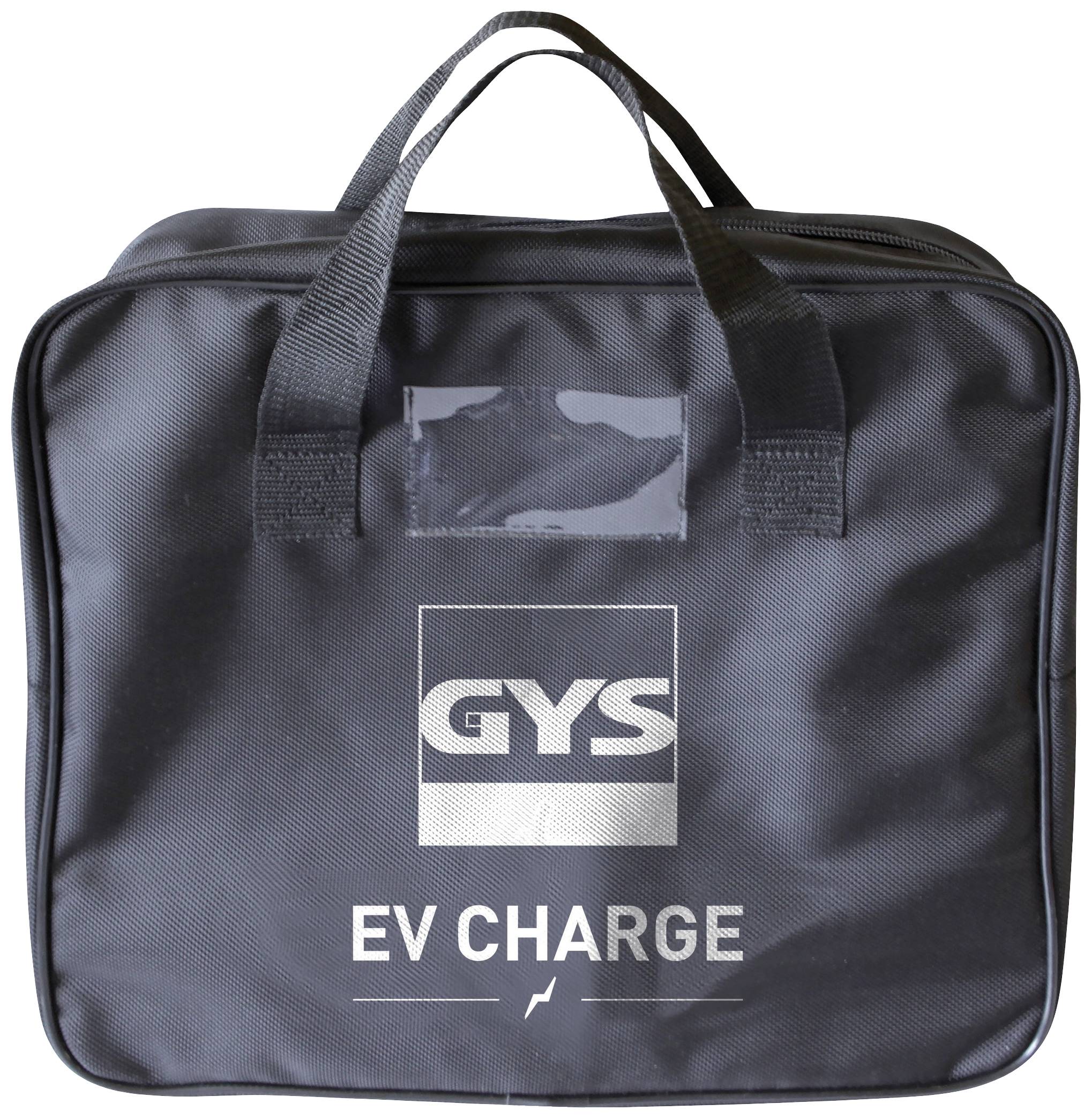 Eine schwarze Tasche mit der Aufschrift 'GYS EV CHARGE', zwei Tragegriffen und einer kleinen Transparenzeinlage an der Vorderseite.