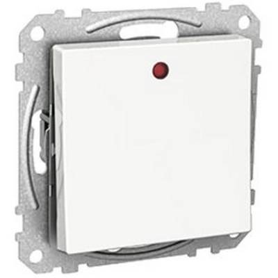 Ein weißer Lichtschalter mit rotem Indikator in der Mitte, montiert in einem Metallrahmen, geeignet für Unterputzmontage.