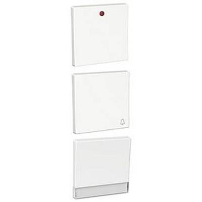 Drei weiße quadratische Geräte an der Wand. Oberstes Gerät mit rotem Licht, mittleres mit Klingelsymbol, unteres mit durchsichtigem Abschnitt.