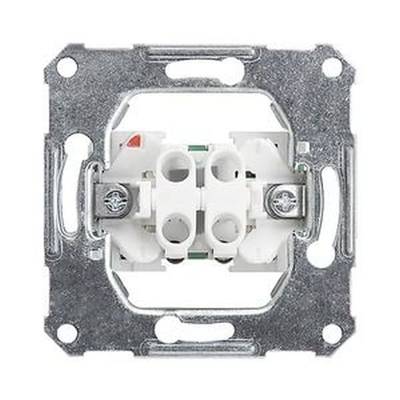 Lichtschalter-Mechanismus ohne Abdeckung, zu sehen ist die Metallrahmenstruktur mit zwei weißen Schaltanschlüssen in der Mitte.