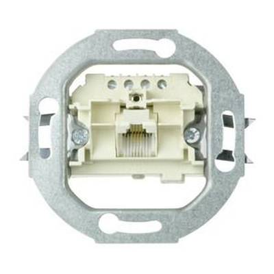 Ein weißer, rechteckiger Netzwerkstecker (RJ45) in einer runden, silbernen Wandhalterung zur Verkabelung in Gebäuden.