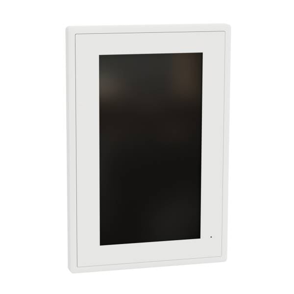 Ein weißer digitaler Bilderrahmen mit einem schwarzen Bildschirm, stehend im Hochformat.