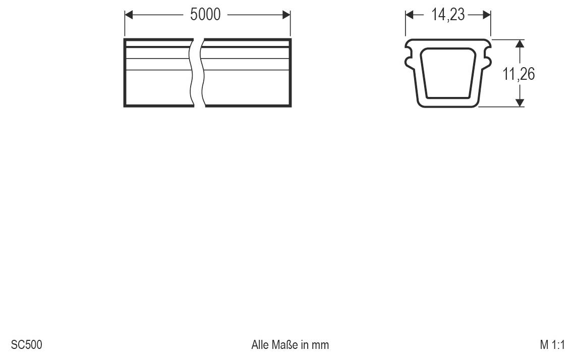 Technisches Maßstabzeichnung eines Behälterprofils, die Breite von 5000 mm und Querschnittsabmessungen von 14,23 mm mal 11,26 mm zeigt.