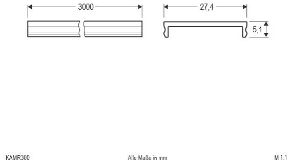Technische Zeichnung eines 3000 mm langen Profils mit Draufsicht und Seitenansicht mit Abmessungen von 27,4 mm Breite und 5,1 mm Höhe; alle Maße in mm.