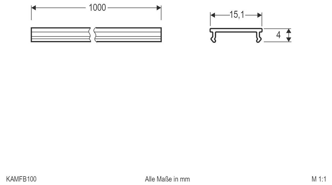 Technische Linienzeichnung eines geteilten Streifens oder Profils mit einer Länge von 1000 mm, einer Breite von 15,1 mm und einer Höhe von 4 mm, mit Abmessungen in Millimetern.