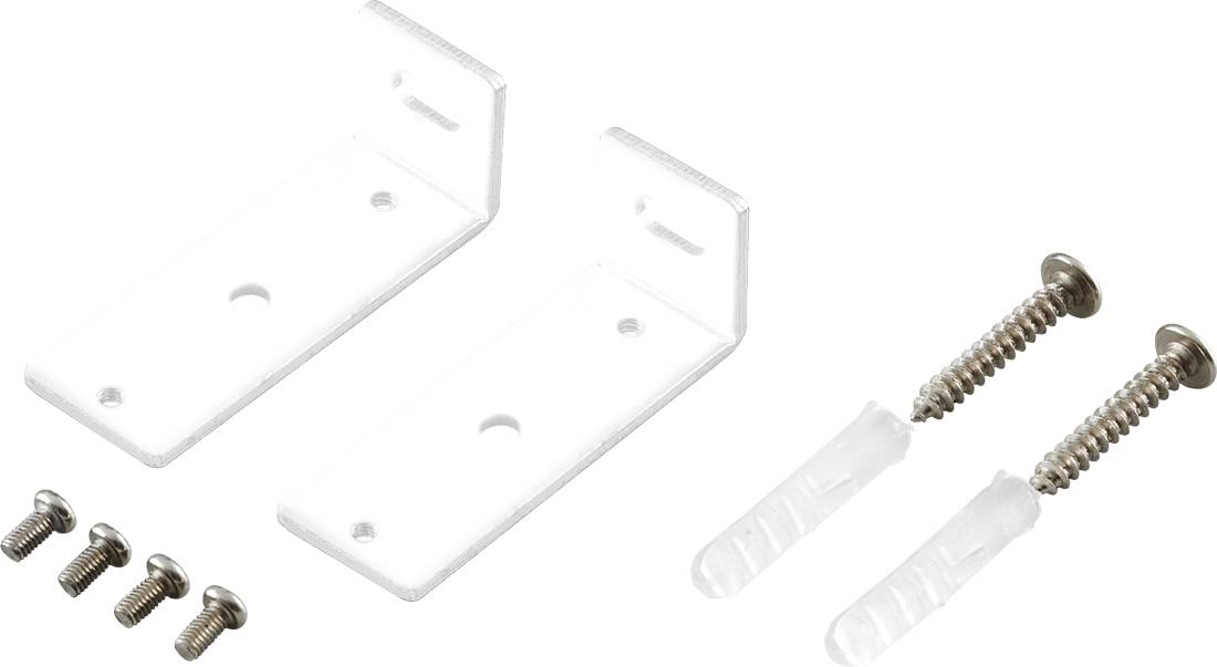 Weißes Montagehardware-Set mit zwei L-förmigen Halterungen, vier Schrauben und zwei Wanddübeln auf einem einfachen Hintergrund.