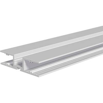Zwei lange silberfarbene Aluminium-Kanalprofile in Perspektivdarstellung, eines neben dem anderen verschachtelt, zeigen einen geformten Extrusionsquerschnitt.